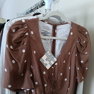 Women's Polka Dot Midi Dress in Camel Brown Silk